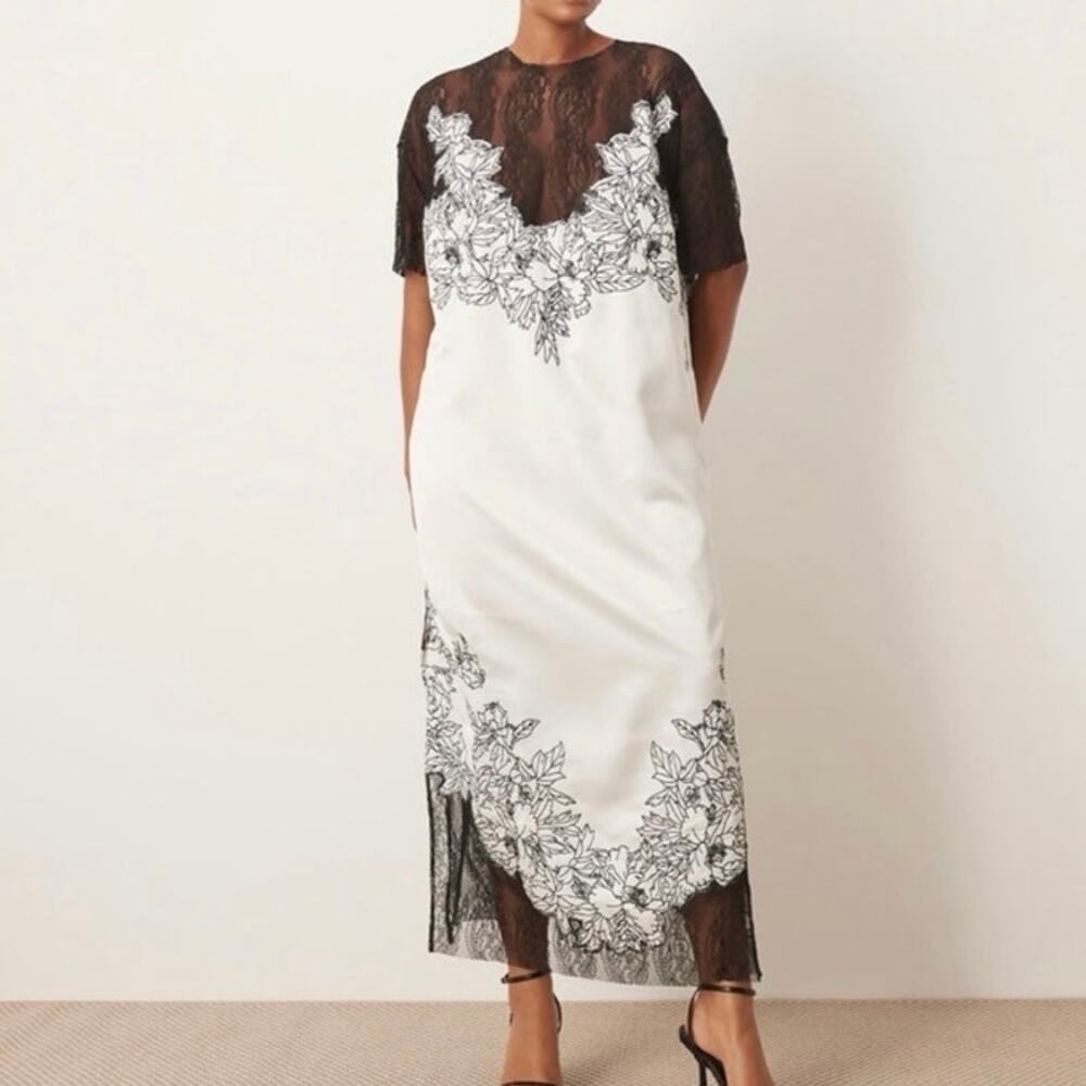 ARRANGE Satin Lace Applique Embroidered Column Satin Dress Avant Garde Sz 14 NWT
